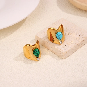 Retro gold stainless steel wide band ring with green and blue teardrop natural stones