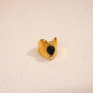 Wide vintage gold stainless steel ring with a black teardrop stone and zircon detail