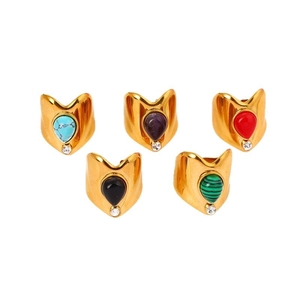 Set of 5 vintage gold teardrop rings with colorful natural stones on white background