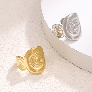 Water wave pattern stainless steel open ring with 14K gold and silver concentric spirals