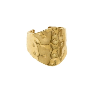 Hammered 18k gold plated stainless steel wide open ring with wavy metallic texture