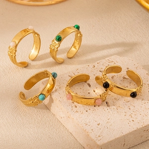 Bohemian gold plated stainless steel rings with colorful natural stones and floral carvings