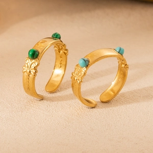 Vintage 18K gold-plated stainless steel open rings with carved patterns and natural stones