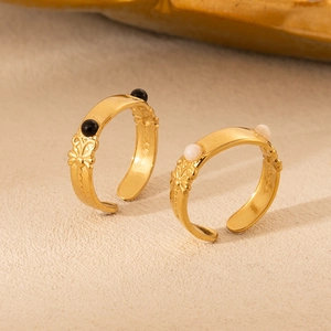 Vintage 18K gold plated stainless steel open ring with natural stone pattern and floral detail