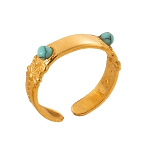 Retro 18K gold plated stainless steel open ring with floral relief and turquoise stones