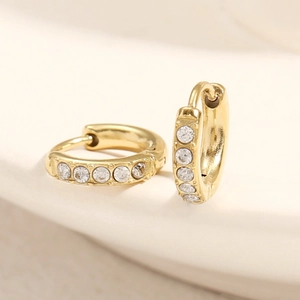French style 14k gold plated stainless steel huggie earrings with round cubic zirconia