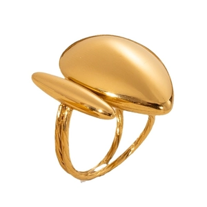 Modern double drop gold ring with twisted double band design on white background