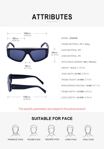 Tableau des tailles détaillé des lunettes de soleil oversize avec dimensions du cadre
