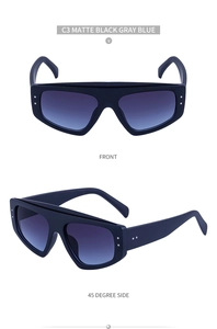 Vues frontale et latérale de lunettes de soleil œil-de-chat noir mat avec verres gris bleu