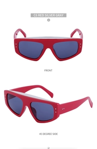 Vues détaillées de face et de côté de lunettes œil de chat rouges avec décor argent