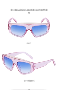 Vue détaillée de lunettes de soleil masque roses avec verres dégradés bleus et clous en métal