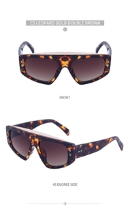 Lunettes de soleil léopard à dessus plat, bord doré et verres dégradés marron, deux vues