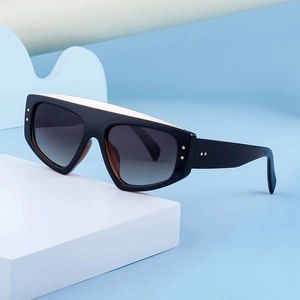 Détail de lunettes de soleil à dessus plat avec monture noire et barre en métal blanc