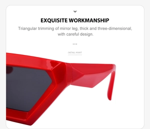Close-up of red geometric cat-eye sunglasses featuring 3D triangular temple cutting detail