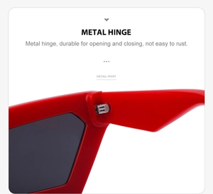 Detailed close-up of durable metal hinges on bright red fashion cat-eye sunglasses