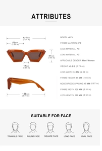 Detailed size specifications and geometric profile of amber cat-eye sunglasses