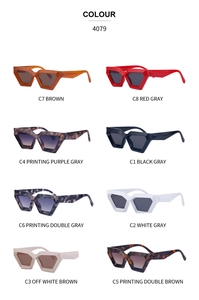 Eight color variations of irregular geometric cat-eye sunglasses in a grid display