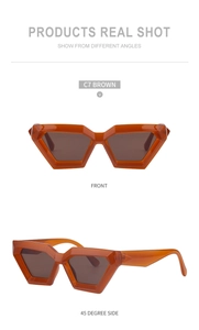 Detailed views of brown geometric cat-eye sunglasses with polished resin frames