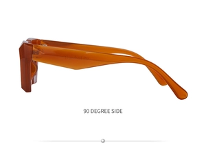 Side view of amber geometric sunglasses showing wide temples and 51-18-140 size specs