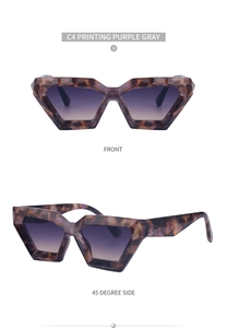 Detail view of tortoiseshell geometric sunglasses with purple gradient lenses