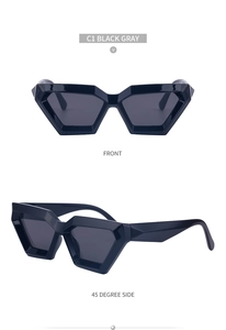 Front and side view of thick black geometric hexagon sunglasses with dark gray lenses