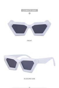 Front and side view of white geometric hexagonal sunglasses with dark gray lenses