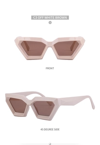 Detail view of off-white cat eye sunglasses with brown lenses and geometric angles