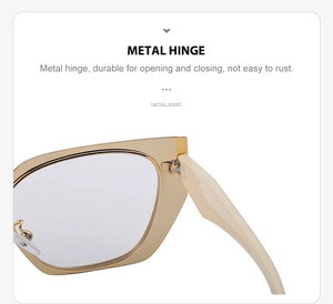 Detail of durable rust-resistant metal hinges on beige cat eye sunglasses frames