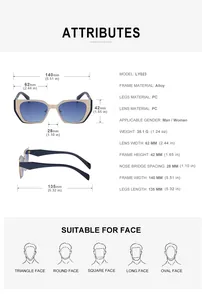 Detailed size chart for cat eye sunglasses showing dimensions and face shape guide