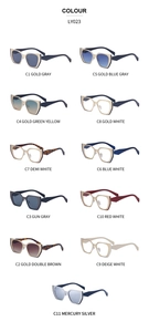 Detail view of eleven trendy cat-eye sunglasses colors with oversized frames and gradient lenses
