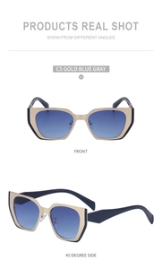 Detailed front and side view of gold cat eye sunglasses with blue gray gradient lenses