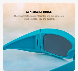 Detail des minimalistischen Scharniers am cyanblauen Sport-Sonnenbrillenrahmen