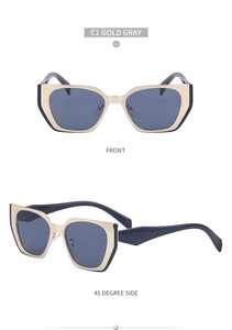 Detailed front and side views of gold gray cat-eye sunglasses with metal temples