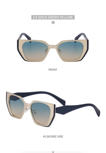 Detail of gold cat-eye sunglasses with blue frames and yellow gradient lenses