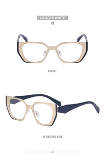 Detailed front and side views of gold cat-eye glasses frames with white temple tips