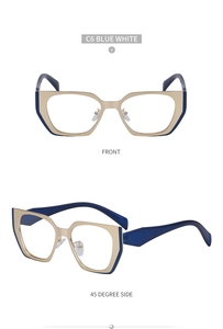 Front and side view of cat eye sunglasses with gold and blue metal frames and resin legs