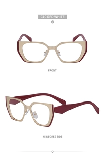 Front and side view of red cat-eye sunglasses frames with metallic gold accents