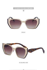Cat-eye sunglasses with gold black frames and tortoise temples in dual display views