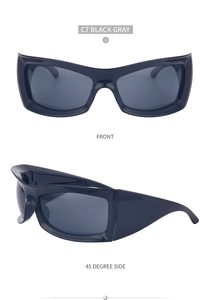 Vorderansicht und 45-Grad-Seitenansicht der winddichten schwarz-grauen Y2K Sportsonnenbrille