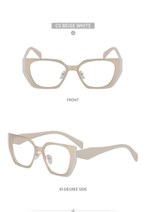 Front and side view of chic beige cat eye sunglasses with wide frames and clear lenses