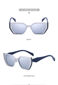 Front and side views of cat-eye sunglasses with mercury silver lenses and dark blue frames