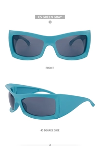 Duo-Ansicht der Y2K-Sportsonnenbrille in Blaugrün mit dunkelgrauen Gläsern und breitem Rahmen