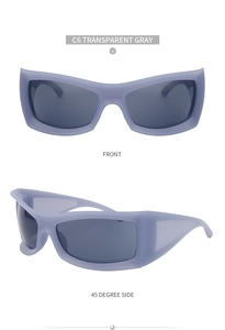 Front- und 45-Grad-Seitenansicht der transparent grauen Sportsonnenbrille mit breitem Bügel
