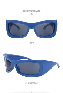 Vorder- und 45-Grad-Seitenansicht der mattblauen Y2K-Windschutz-Sport-Sonnenbrille