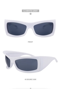Front- und Seitenansicht der weißen Y2K-Sportsonnenbrille mit grauen Gläsern