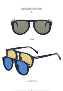 Détail de lunettes aviateur magnétiques avec verres interchangeables jaunes et bleus