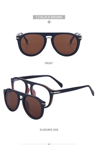Vue de face et à 45 degrés des lunettes de soleil pilote noires avec verres bruns