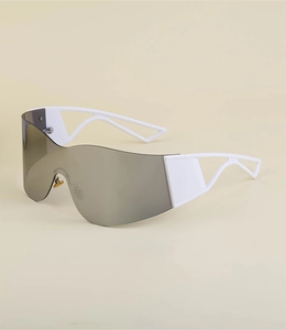 Detail of white Y2K sports sunglasses featuring hollow geometric temples and grey lenses