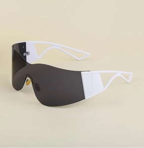 Detail of white Y2K wraparound sunglasses with hollow geometric arms and grey lenses