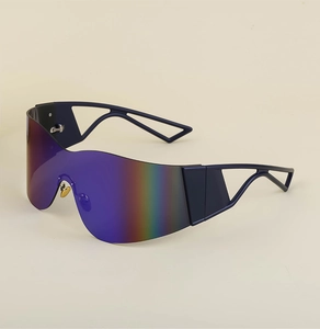Detail of Y2K wraparound sunglasses with iridescent lens and hollow geometric temple design